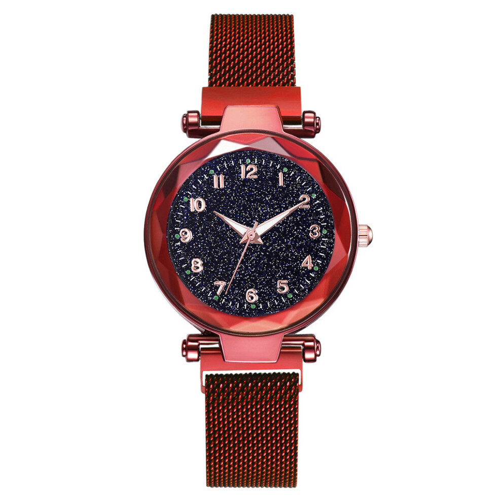 (Red)Montre-Bracelet Magnétique à Quartz Ciel Étoilé Mode Femme Chiffres Lumineux Boucle