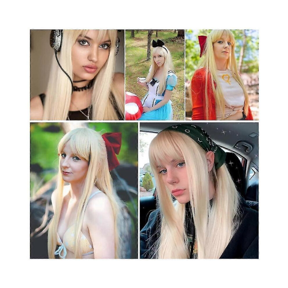 Unisex Blonde Wigs For Women 26 Long Straight Blonde Wig With Fringe Cute Fashion