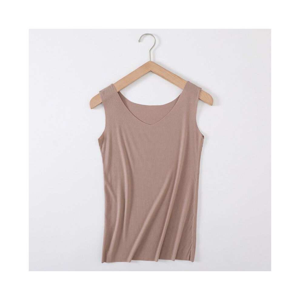 (#2Khaki,2XL)Débardeur femme doux sans couture côtelé dos coureur stretch yoga couche chaude t-shirt