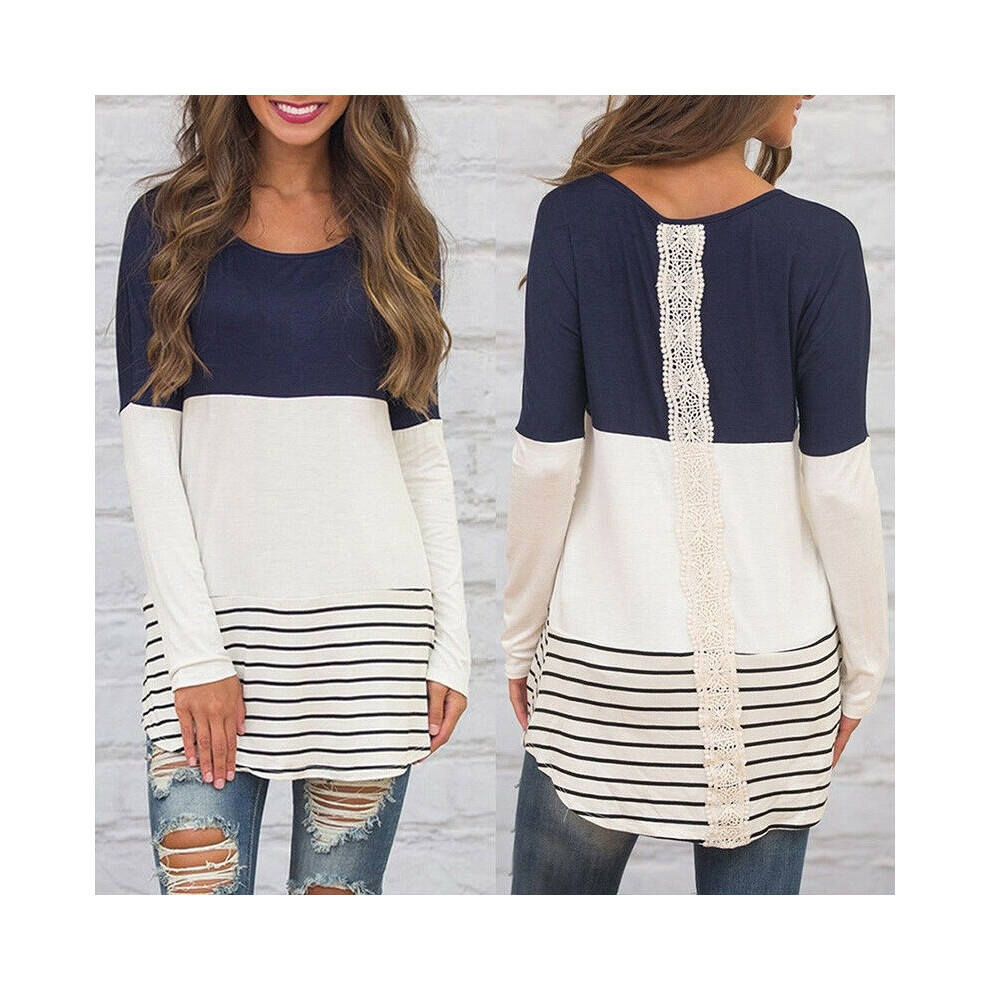 (Navy Blue,M)T-shirt femme rayé manches longues pull décontracté hauts longs sweat chemisier