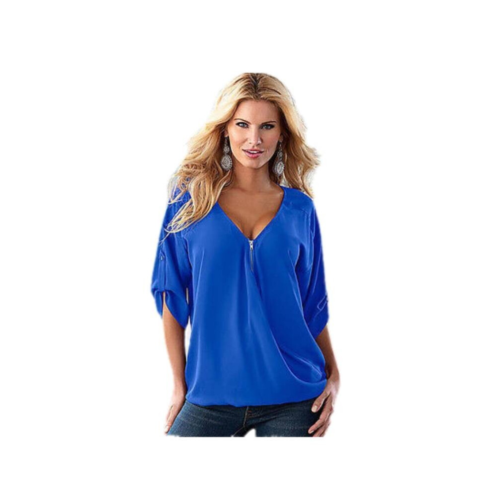 (Blue,XL)Chemise femme manches moyennes été ample et polyvalente multicolore col V haut