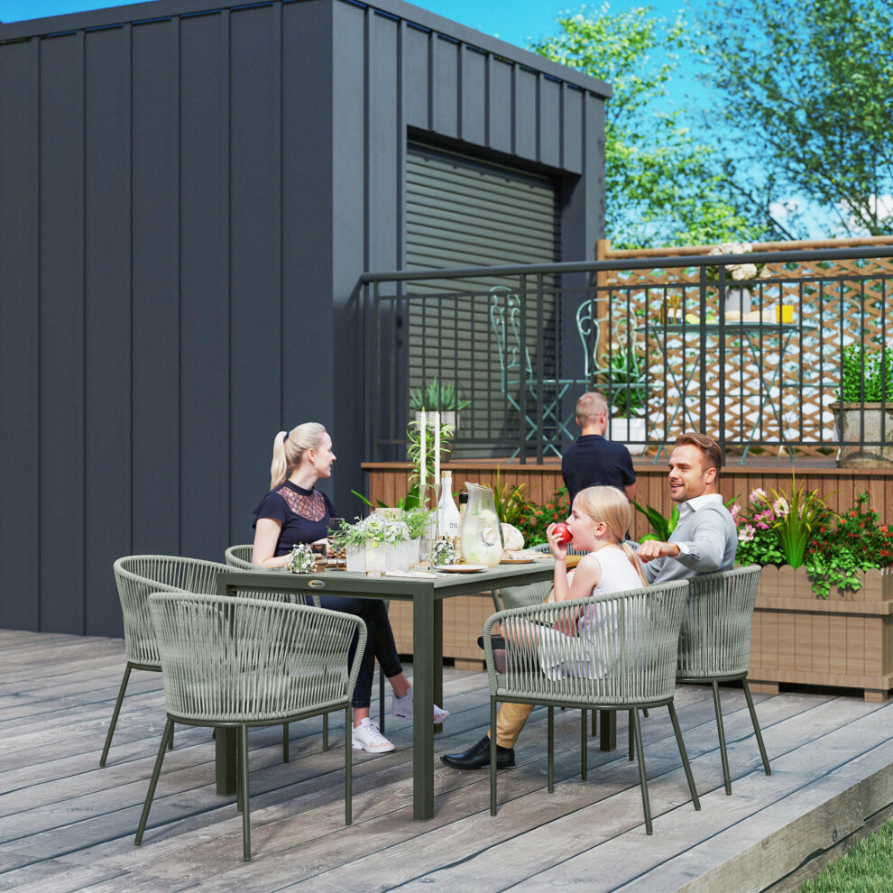 Outsunny 6 Seater Rattan Dining Set with Acacia Wood Table Top Seat Cushions