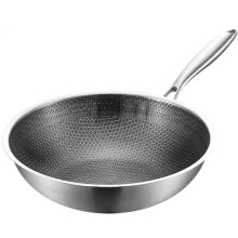 (As show, One size) Stainless Steel Wok Honeycomb Grain Frying Pan Handled Kitchenware Traditional Pan
