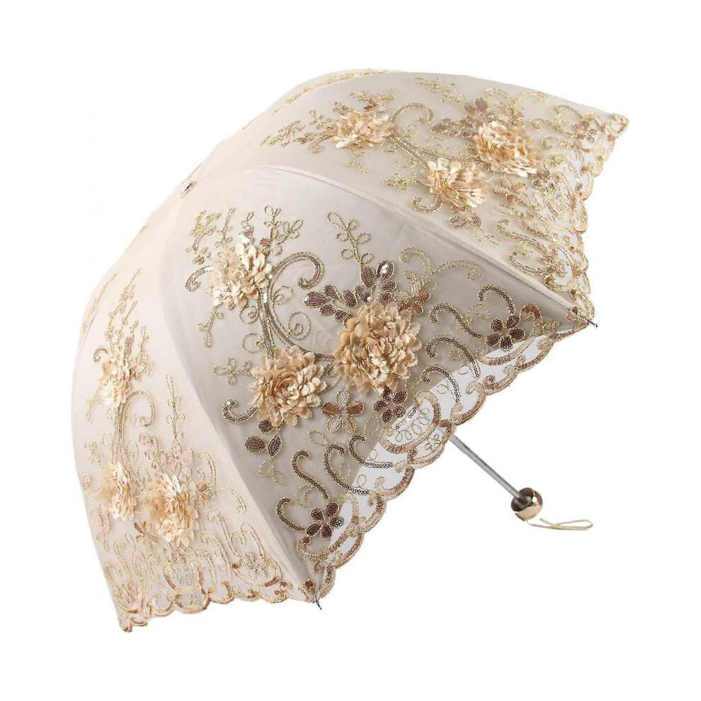 Vintage Lace UV Protection Sun Umbrella Folding 3D Flower Embroidery Umbrella Yellow