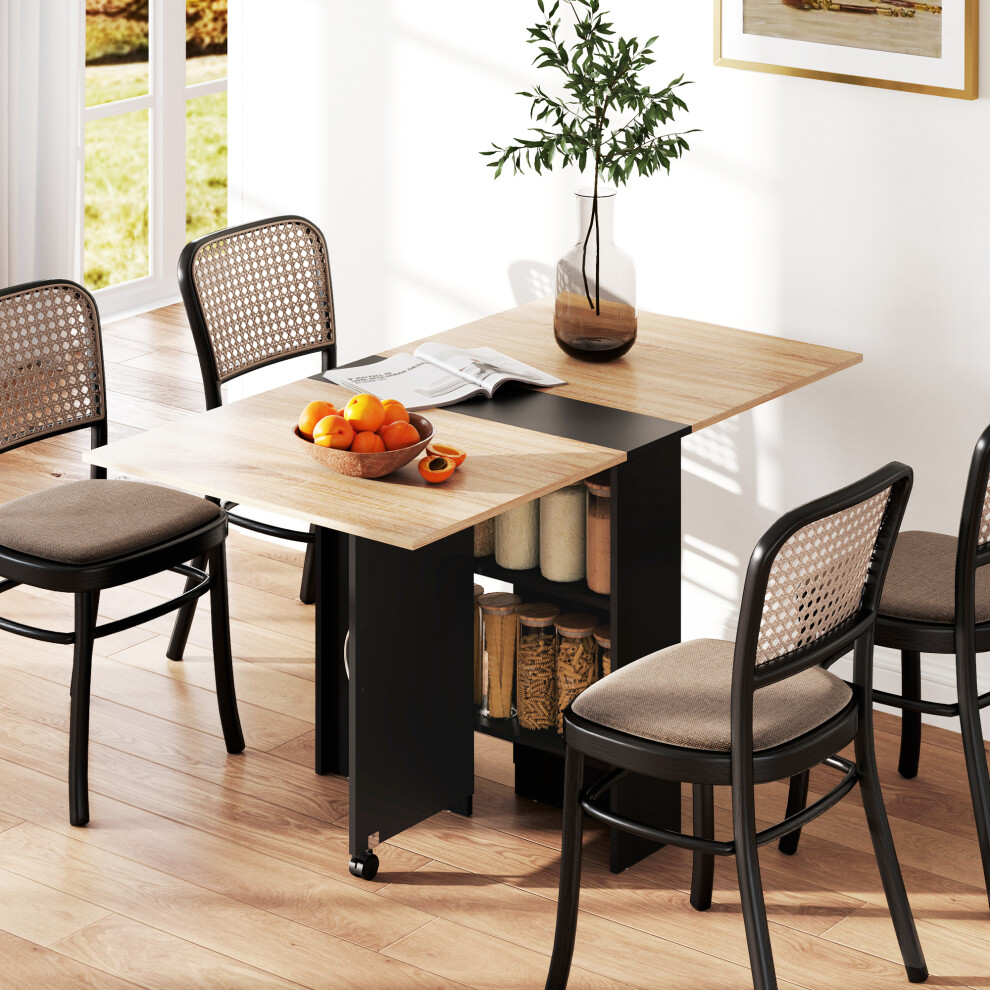 HOMCOM Mobile Drop Leaf Dining Table Folding Desk w/ 2 wheels Storage Shelves