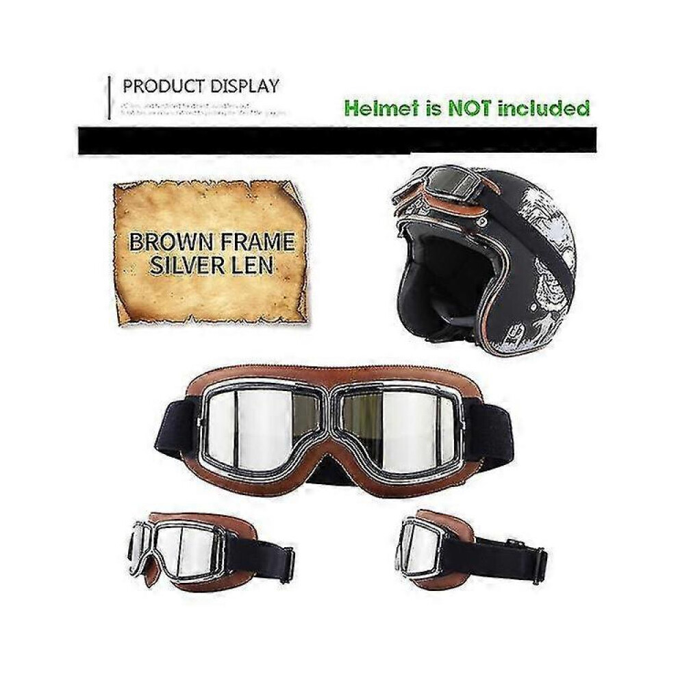 (- Len) Retro Aviator Motorcycle Goggles Brown/Silver 5004229423317