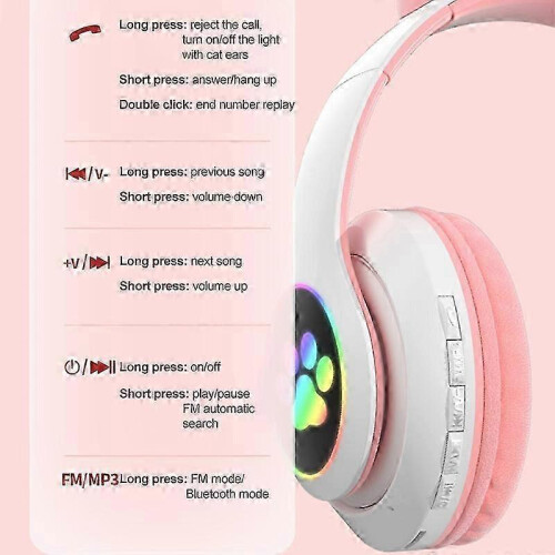 (Pink) Wireless Bluetooth Headphones Cat Ear Headset With LED Light 1