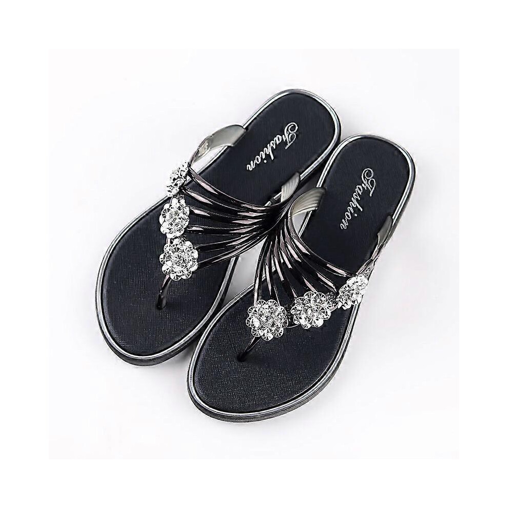 (38, Black) Women's Flat Flip Flops Fashion Casual Slippers Flower Lightweight Sandals Non-slip Party Beach Shoes Chanclas Verano Mujer