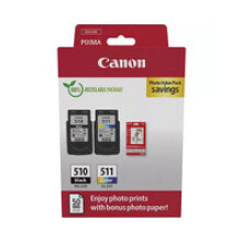 Pack mit 2 Druckerpatronen + Fotopapier-Pack - CANON - PG-510 Schwarz + CL-511 Farbe