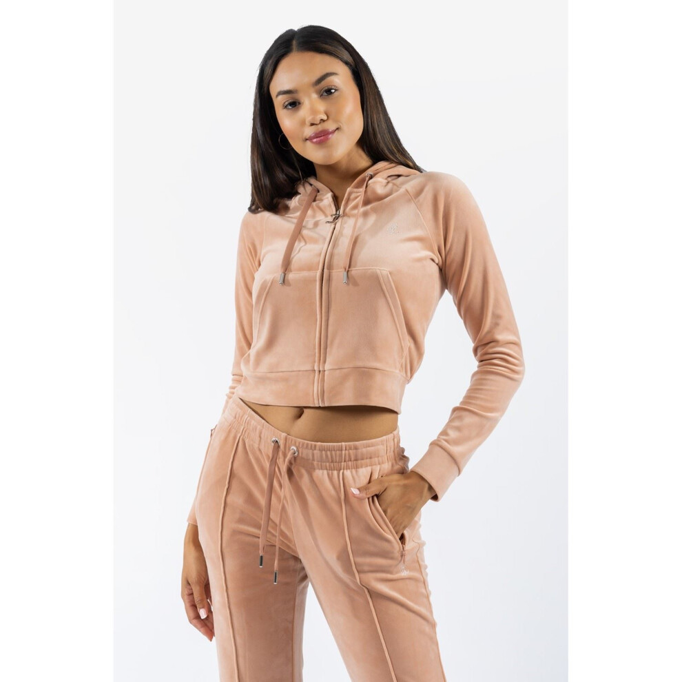 (Not Specified, M) Juicy Couture Classic Velour Hoodie With Juicy Logo Polyester Women's Beige Hooded Sweatshirt
