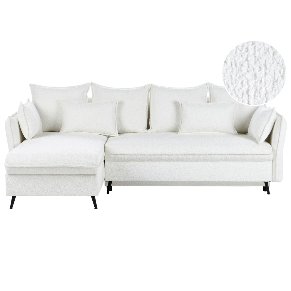 Corner Sofa Bed 3 Seater VILLIE Boucle Off-White with Storage Right Hand