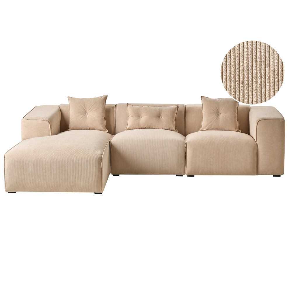 Corner Sofa 3 Seater DOLVA Corduroy Beige Right Hand