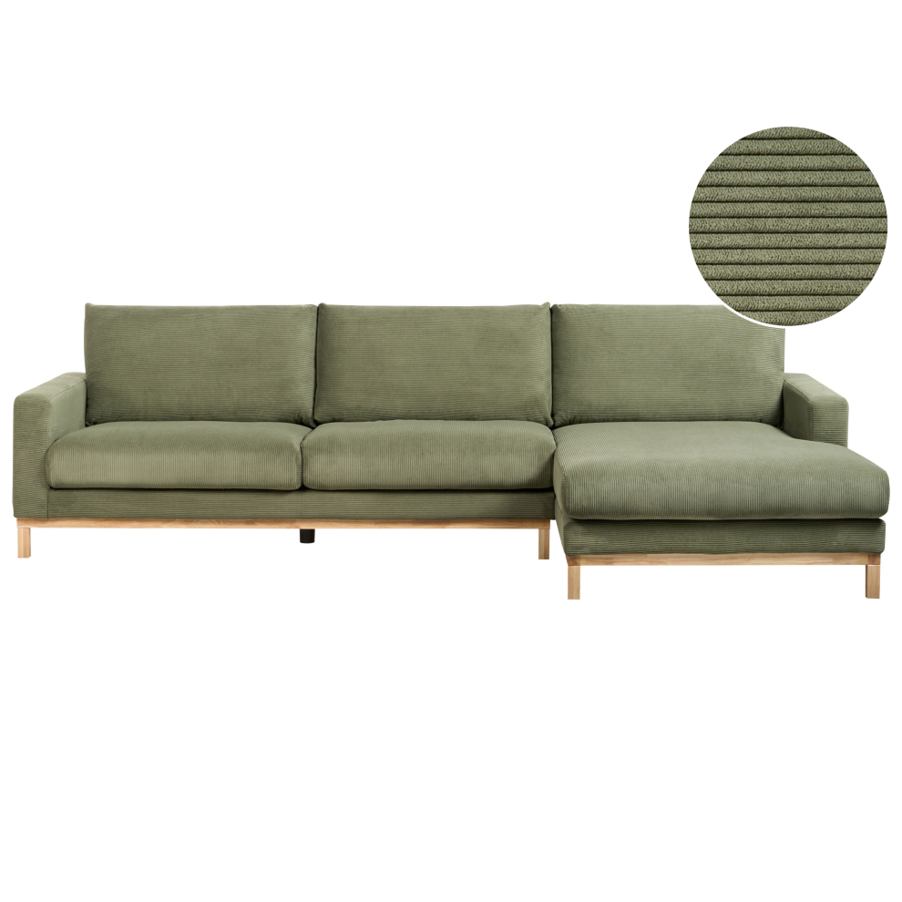 Left Hand Jumbo Cord Corner Sofa Green SIGGARD