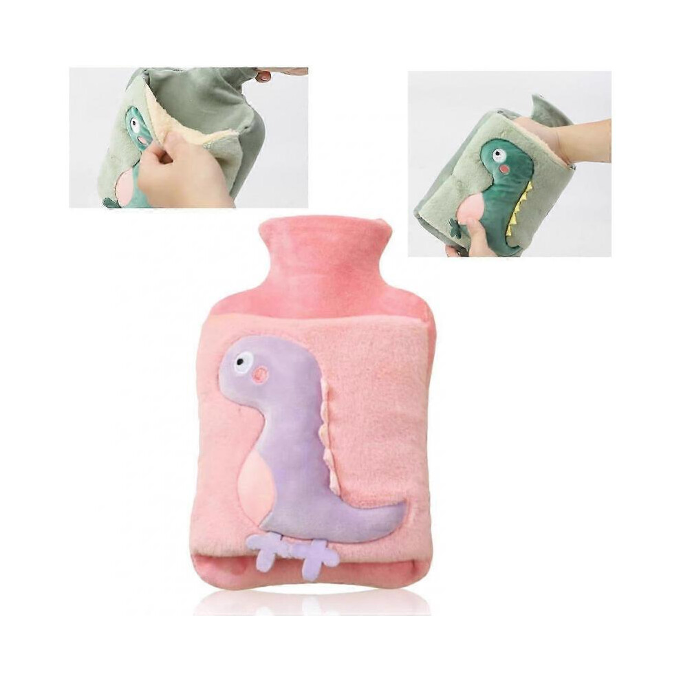 (2L, Pink) Cute Dinosaur Hot Water Bottles with Cover,Large Thickened Delicate Plush Hot Water Bottle Hot Water Bag for Pain Relief,Children