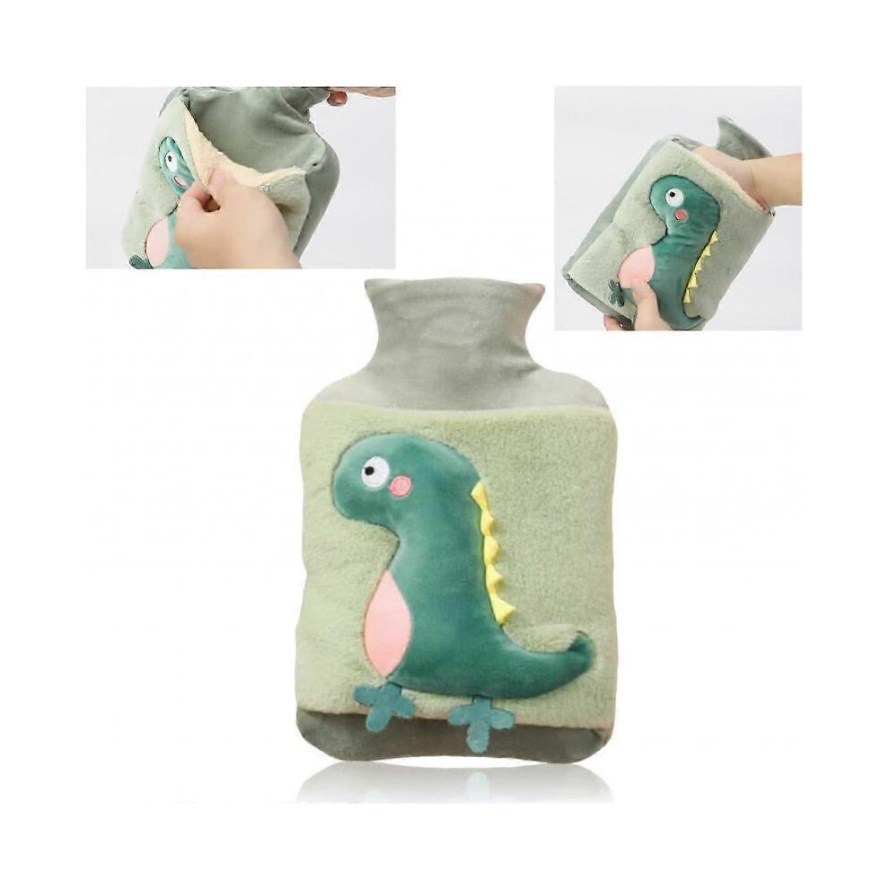 (2L, green) Cute Dinosaur Hot Water Bottles with Cover,Large Thickened Delicate Plush Hot Water Bottle Hot Water Bag for Pain Relief,Children
