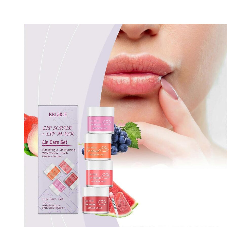 Lip Scrub & Lip Mask, Overnight Lip Care Kits with 2 Lip Exfoliator & 2 Sleeping Lip Balm, Intense Hydration Lip Care Set for Dry Chapped Cracked Lips