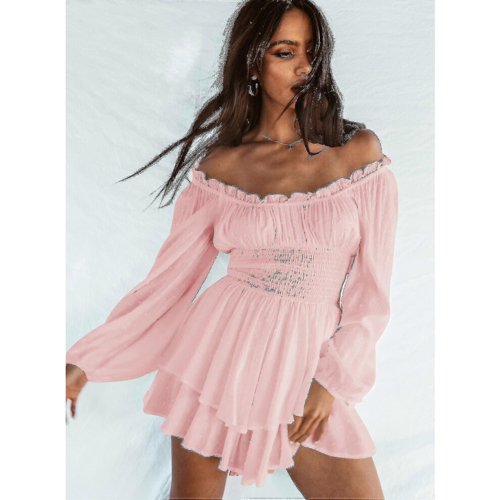 (S, Pink) Women Off Shoulder Long Sleeve Romper Shorts Ruffle Jumpsuit Playsuit 5062994739439