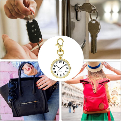 Relógio de bolso com clipe e fivela de chave para enfermeiras dourado e branco