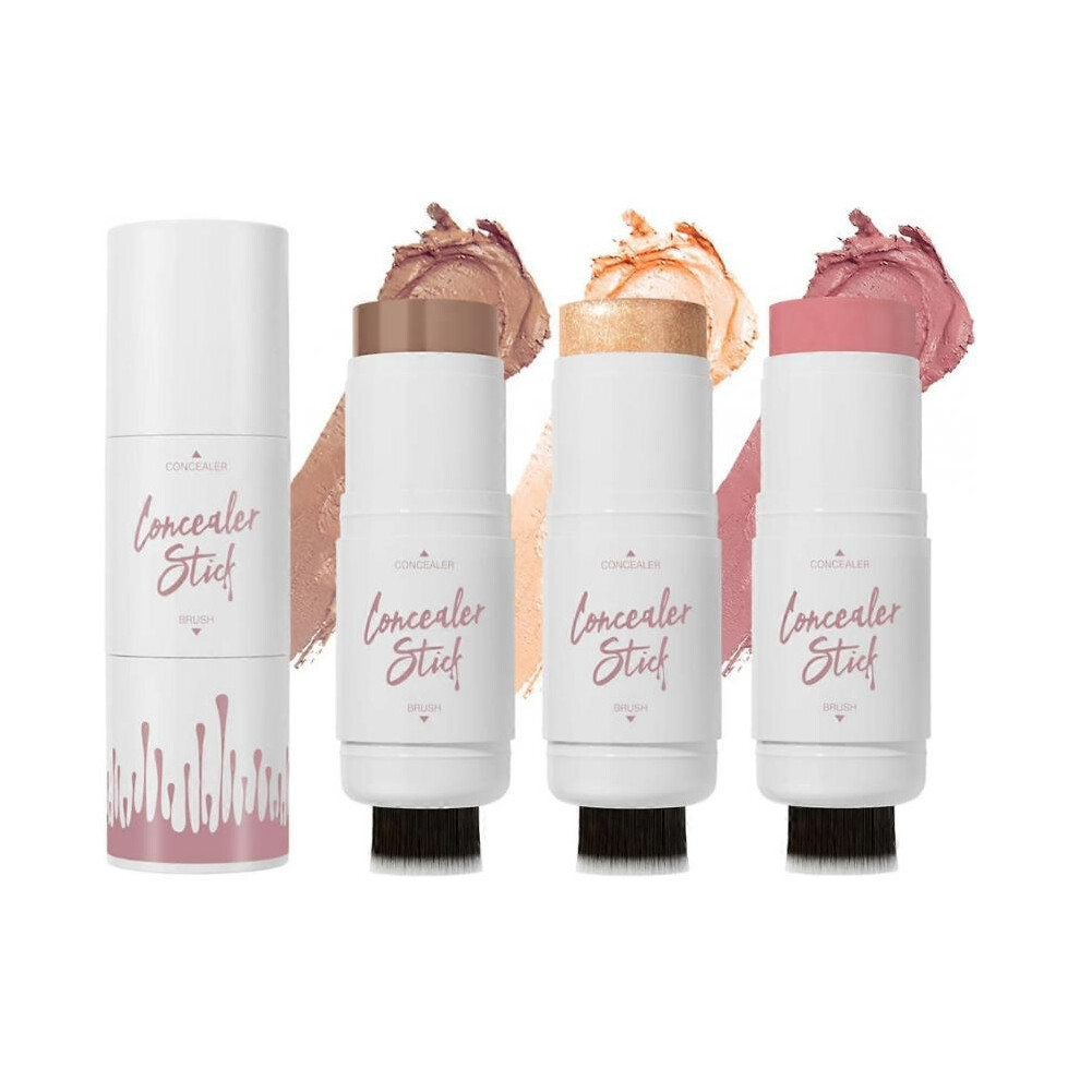 Cream Contour Stick, Highlighter Makeup Stick, Blush Stick, Bronzer Stick, 3Pcs Contour Highlighter Blush Stick Kit With Brush For Flawless Look