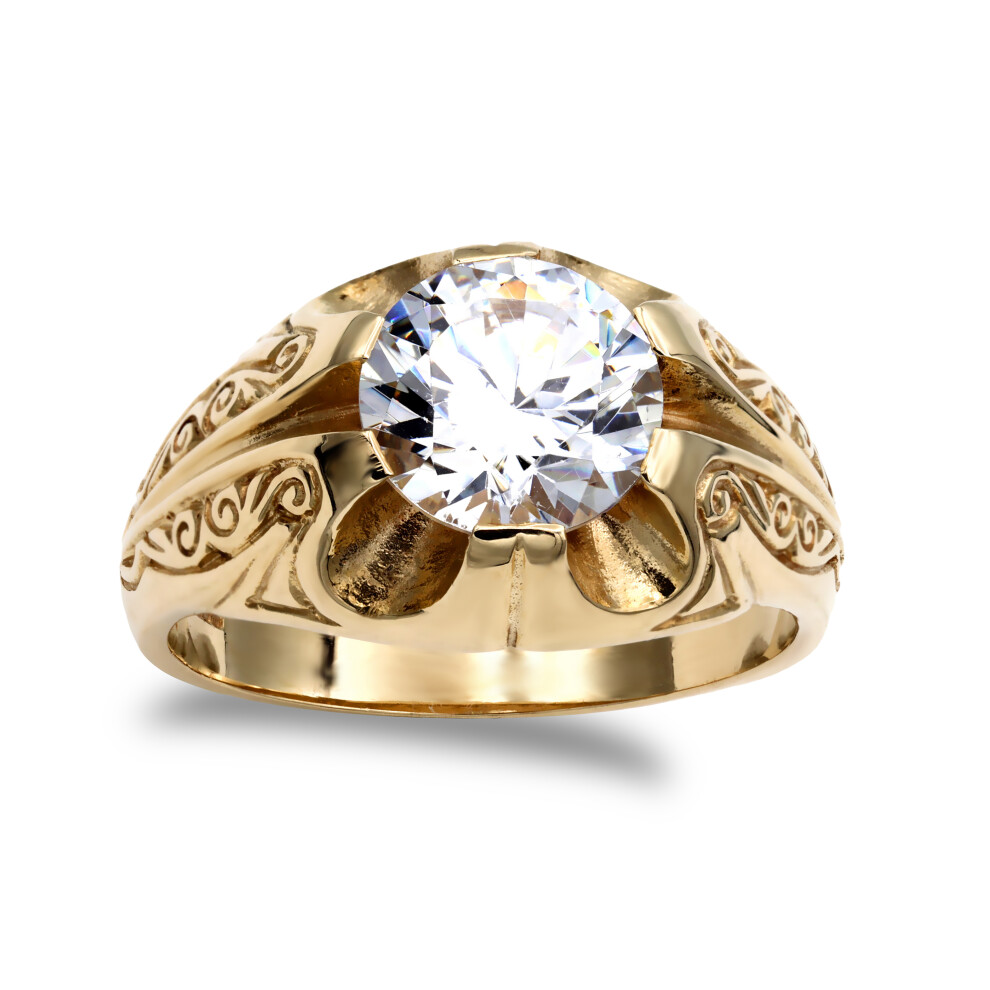 (R) Jewelco London Men's Solid 9ct Yellow Gold White Round Brilliant Cubic Zirconia Solitaire Carved Gypsy Ring 10mm 4 Carats - JRN194