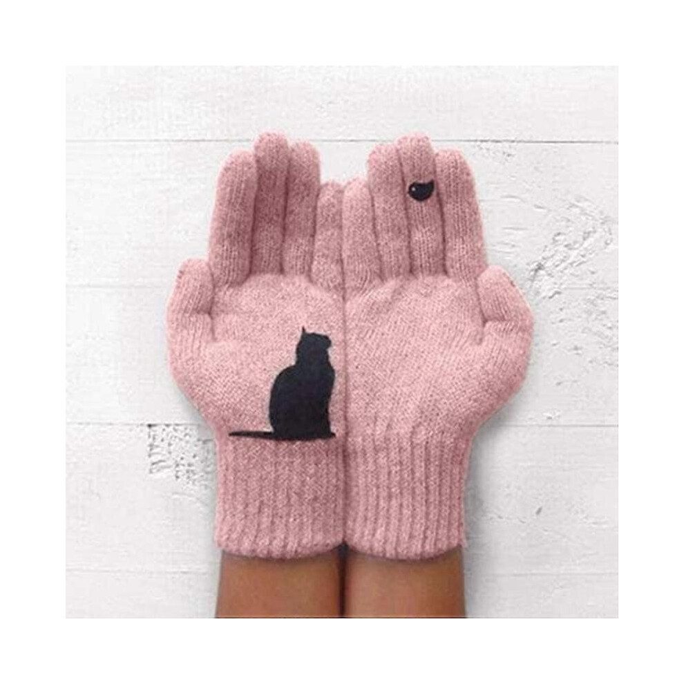 Cat Printed Gloves Women Woolen Gloves Autumn Winter Outdoor Warm Cold Protection Padded