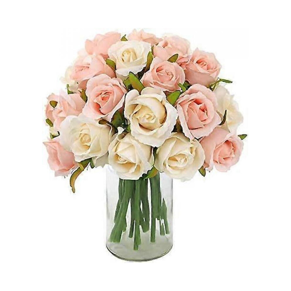 24 Heads Artificial Rose Flowers Bouquet Silk Flowers Rose for Home Bridal Wedding(2 Packs Champagne and Pink)