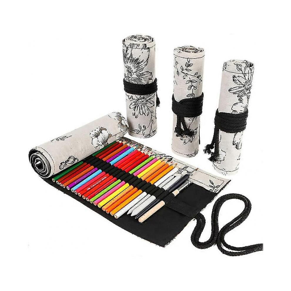 36/48/72 Slots Colored Pencil Wrap Pencils Roll Holder Coloring Pencils Organizer Holder for Artist Student (Black Peony, 72 Slots)