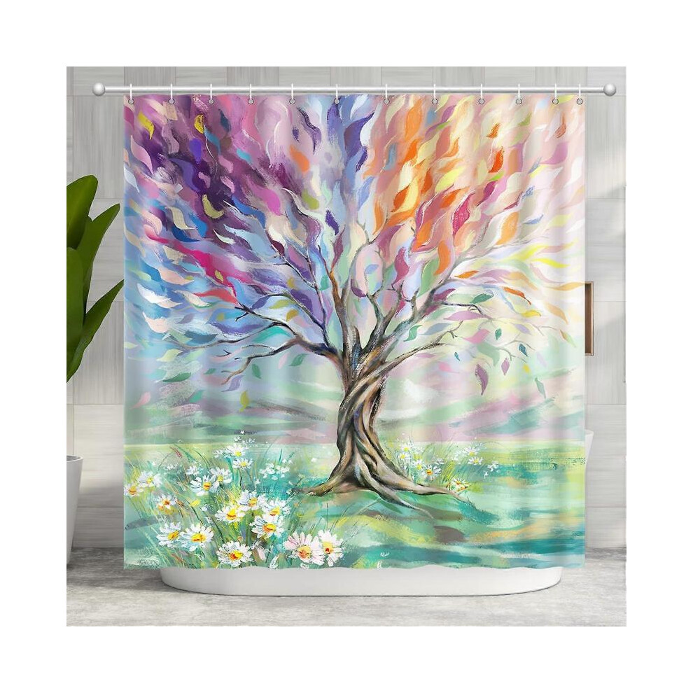 Oil Painting Tree Shower Curtain, Polyester Fabric Waterproof Shower Curtain Set Decoration
