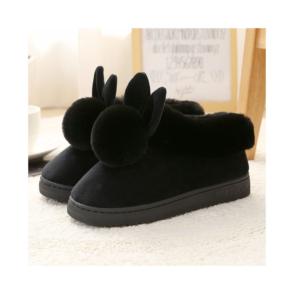 (Black, EU40-41=Foot Length 24.5cm) Women Bunny Rabbit Plush Slippers Winter Warmer Indoor Slip On Home Shoes Soft