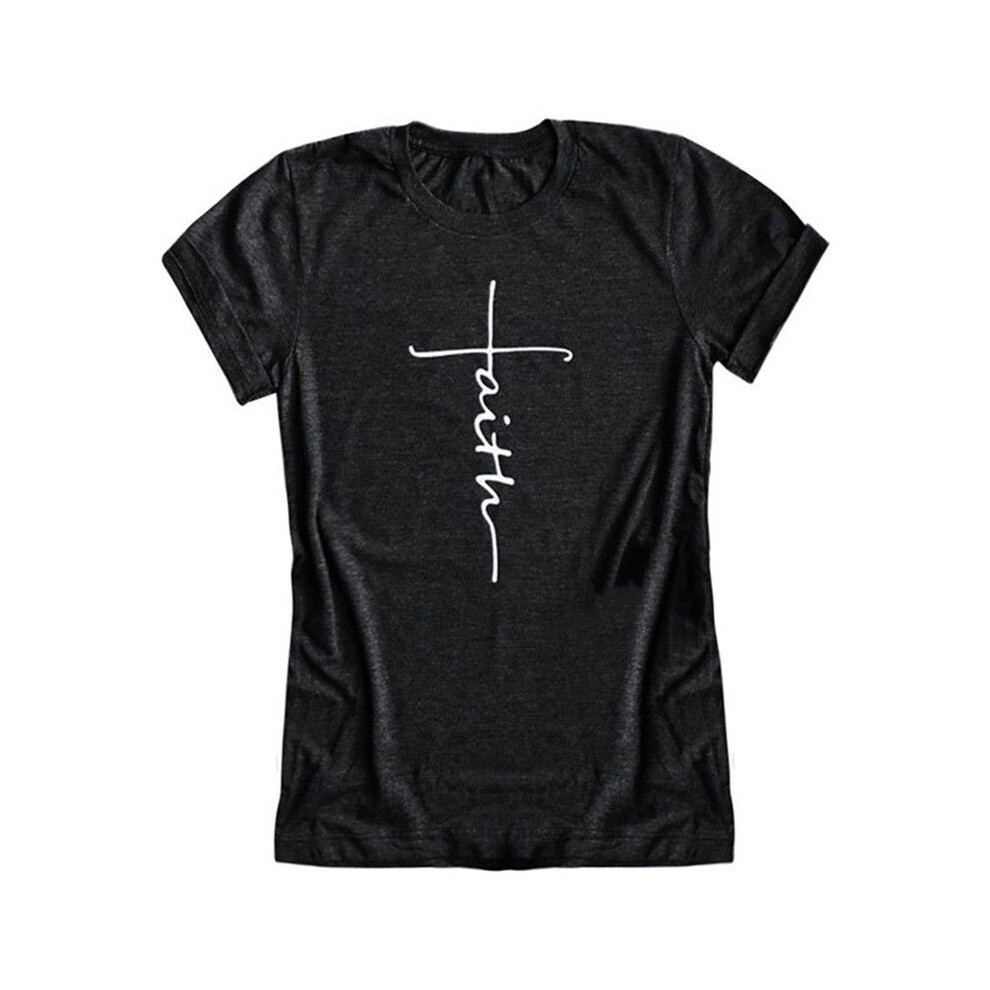 (Black, Tag XL=US M) Sleeve Short Women Summer Faith Letter Print Tshirt Graphic Blouse Fashion Tee