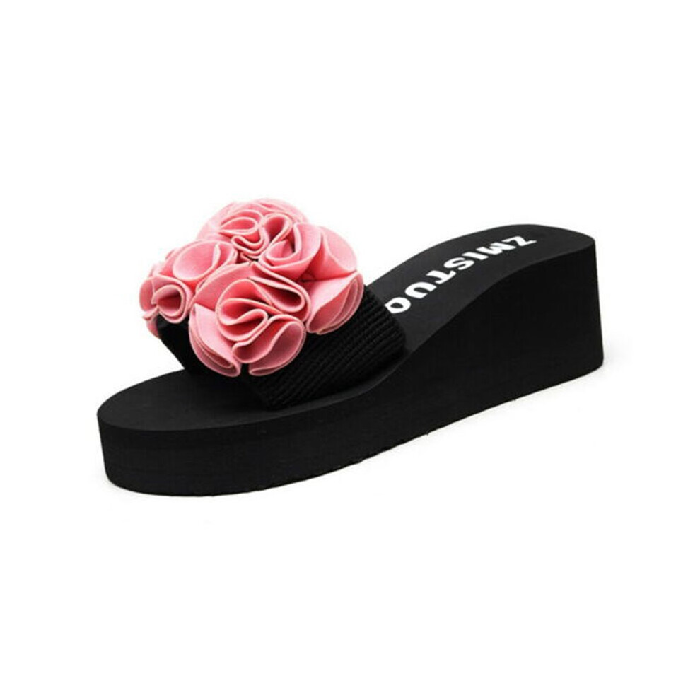 (Pink, EU37) Summer Women Flower Beach Flip Flops Platform Sandals Wedge Heels Antislippers