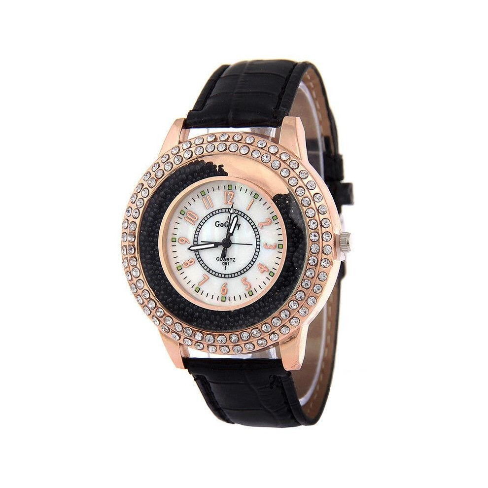 (Black) With Watch Quartz Rhinestones Faux Leather Strap Rolling Ball Round Women Dial