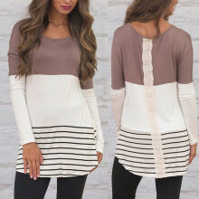 (Khaki, M) Women Long Striped Sleeve T Shirt Casual Pullover Long Tops Sweatshirt Blouse