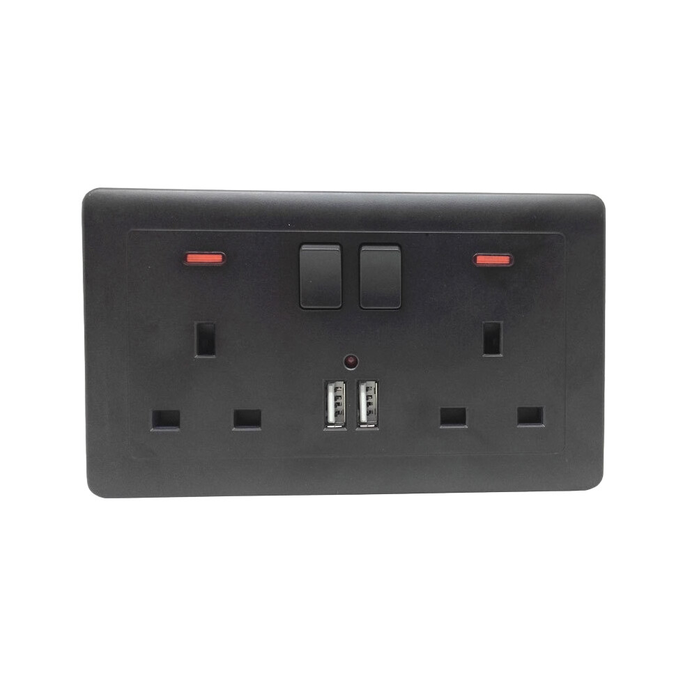 (Black 2 Socket 2 USB Port) Uk Double Wall Plug Socket 13a 2 Gang With Power Switch 2 Charger Outlets Usb