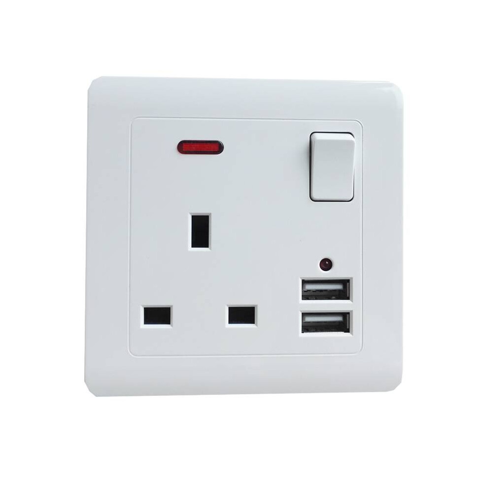 ( 1 Socket 2 Usb Port) Uk Double Wall Plug Socket 13A 2 Gang With Power Switch 2 Charger Outlets Usb White
