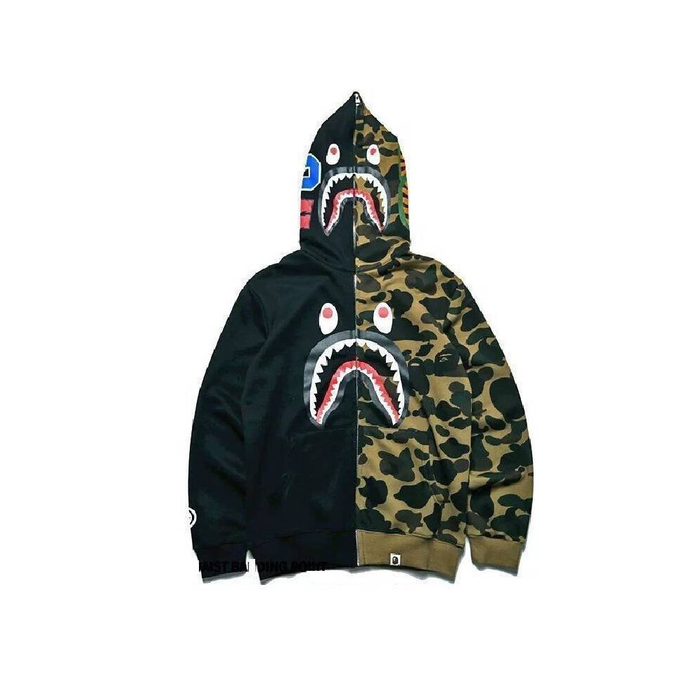 (Black, L) Ape Bape Bathing Jacket Shark Head Camo Full Zip Hoodie Long Sleeve Clothes