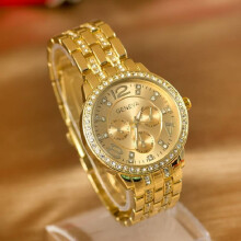 (Gold) Three Rhinestone Women Eyes Steel Band Quartz Watch Thin Decoratives Delicate