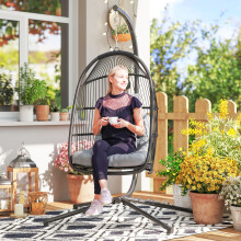 Outsunny Rattan Hanging Egg Chair with Stand, Cushion, Dark Grey