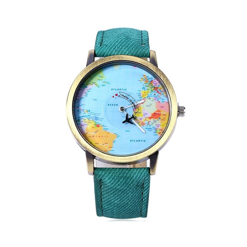 (Green) World Map Globe Aeroplane Watch Leather Wristwatch Fashion High Quality Jewelry-image-OPC-PH2R2MN-NEW