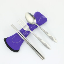 (Purple) 3 Chopsticks Piece Fork Spoon Stainless Steel Camping Set Travel Cutlery