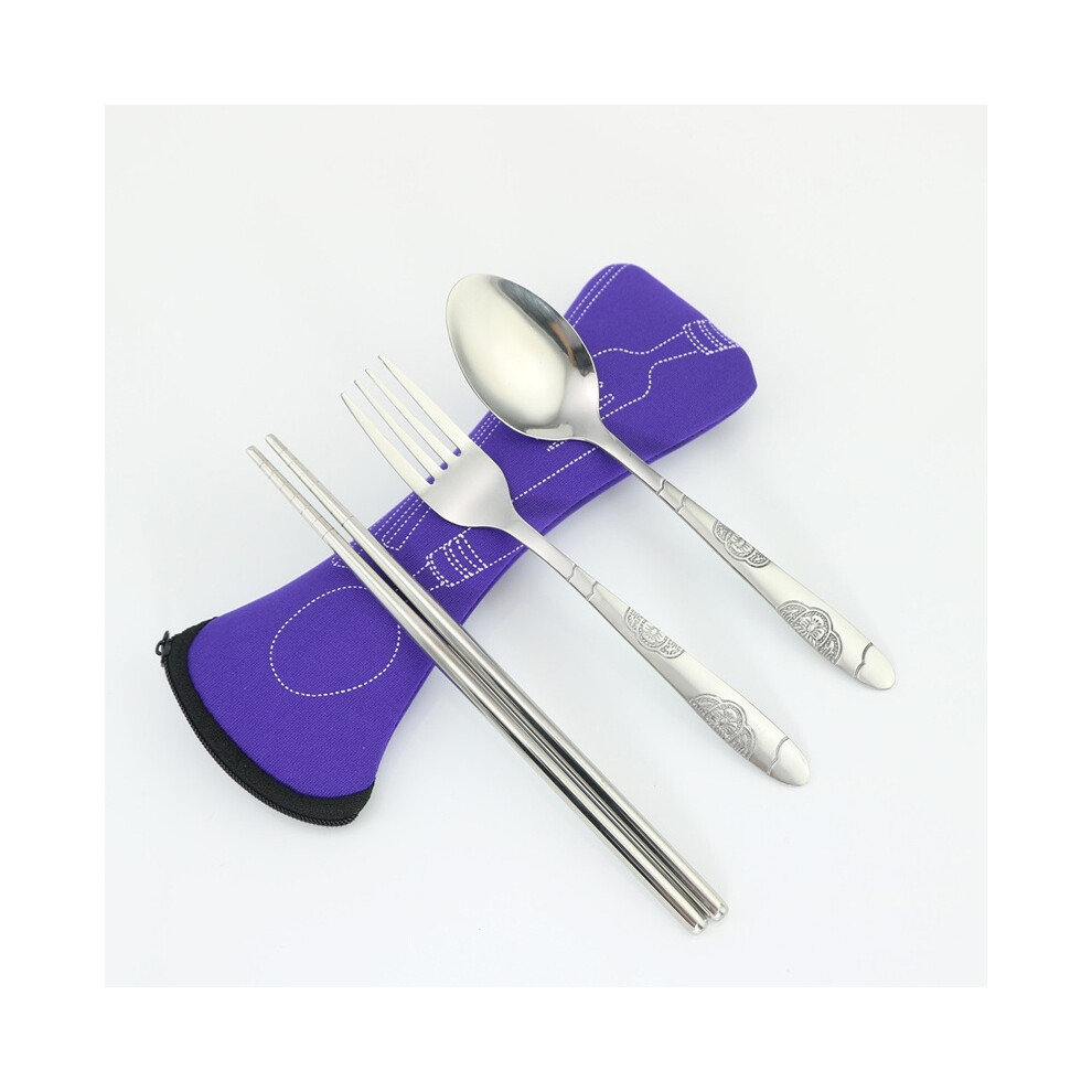(Purple) 3 Chopsticks Piece Fork Spoon Stainless Steel Camping Set Travel Cutlery Purple