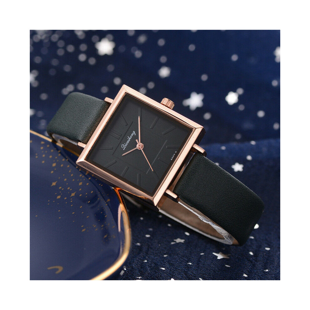 (#3 ) Leather Artificial Women Band Analog Quartz Square Quartz Wrist Watch Watches Green