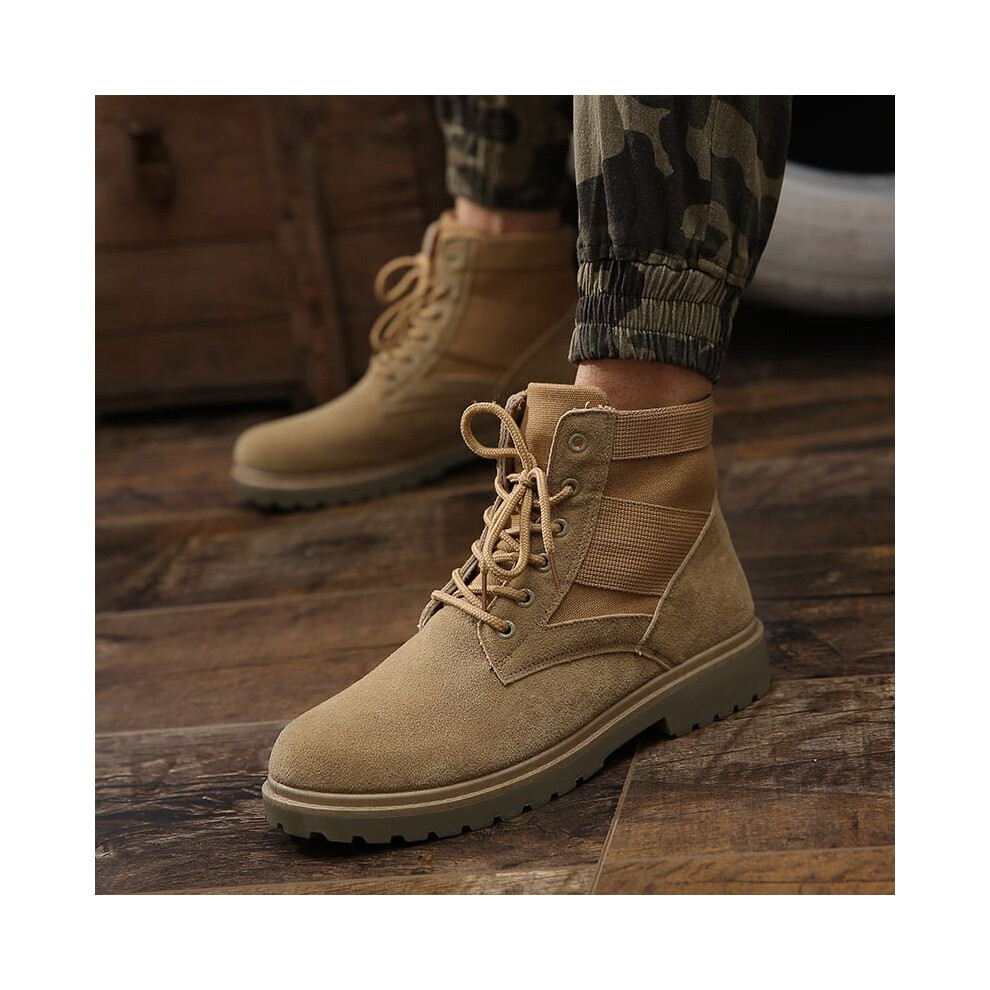 (Khaki, EU42=Foot Length26cm) New Men Boots Fashion Hot Men Martin Boots Man Casual High Top Shoes Leather Pu