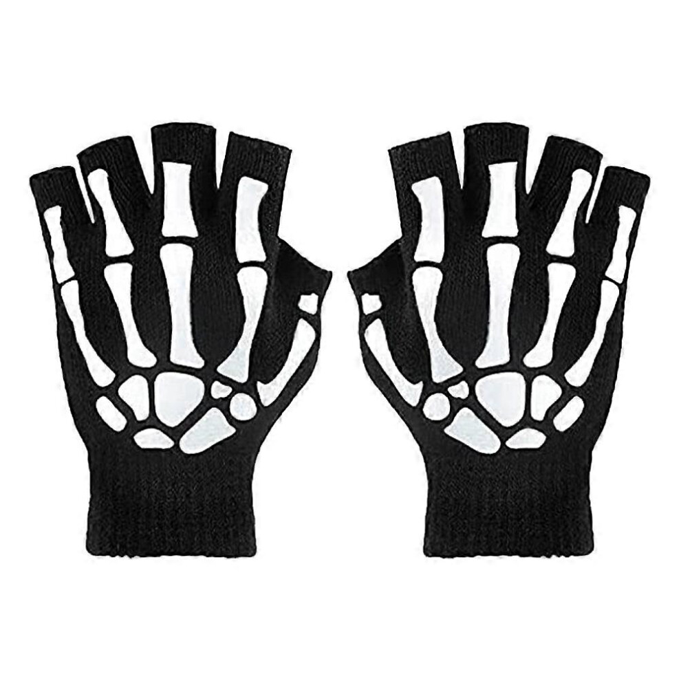 Kricely (As Show, One Size) 1 Pair Of Halloween Skeleton Gloves Party Luminous Gloves Knitted Fingerless Gloves Winter Warm Gloves