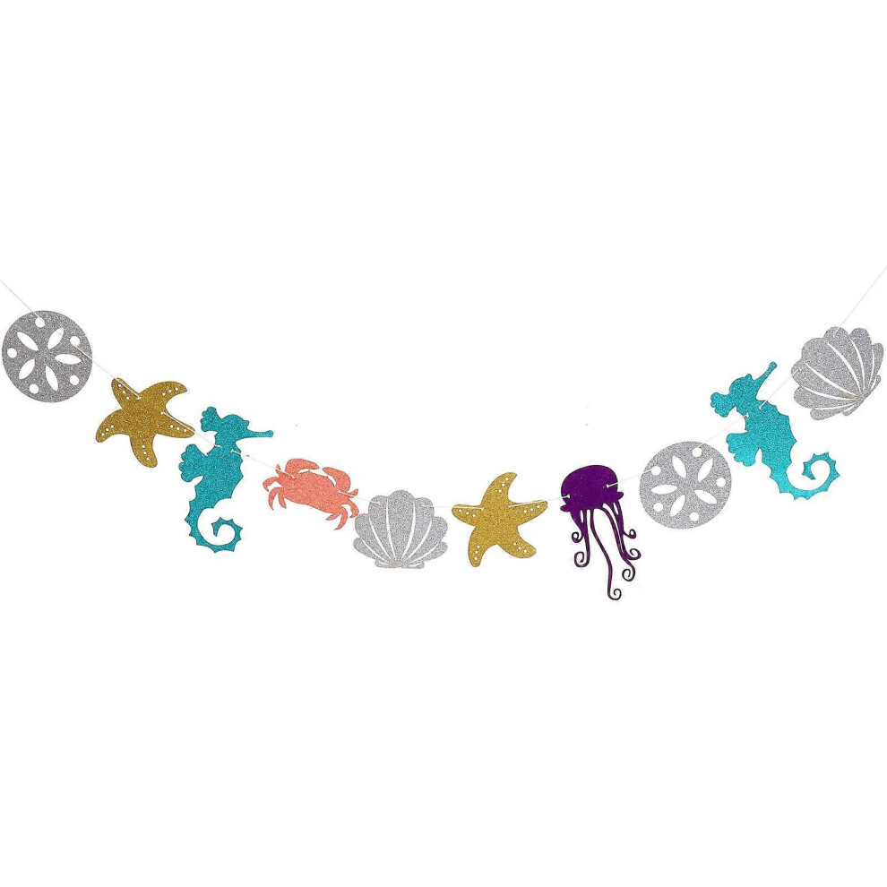Kricely (As Show, One Size) Hawaiian Luau Garland Seahorse Jellyfish Seashell Crab Sea Star Glitter Banner For Summer Pool Birthday Party Decoration
