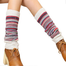 (One Size, Beige) 1 Pair Ethnic Style Striped Print Ribbed Cuffs Knee High Knitted Leg Warmers Autumn Winter Women