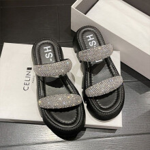 (Black, 39) Elegant Summer Womens Slide Shoes With Comfortable Thick Sole And Sparkling Rhinestones Colors In Various