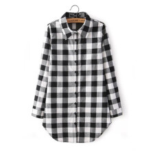 (Black, Tag M=US XS) Fashion Button Women Down Checks Flannel Casual Lapel Long Tops Blouse Shirt
