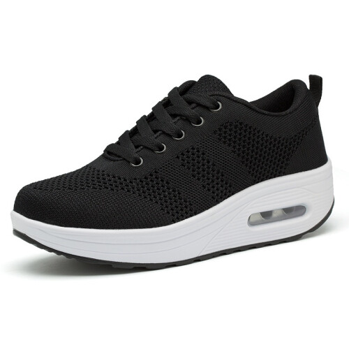 (Black, EU 36) Wedge Women Newly Sneakers Breathable Walking Shoes Lace Up Platform Shoes High