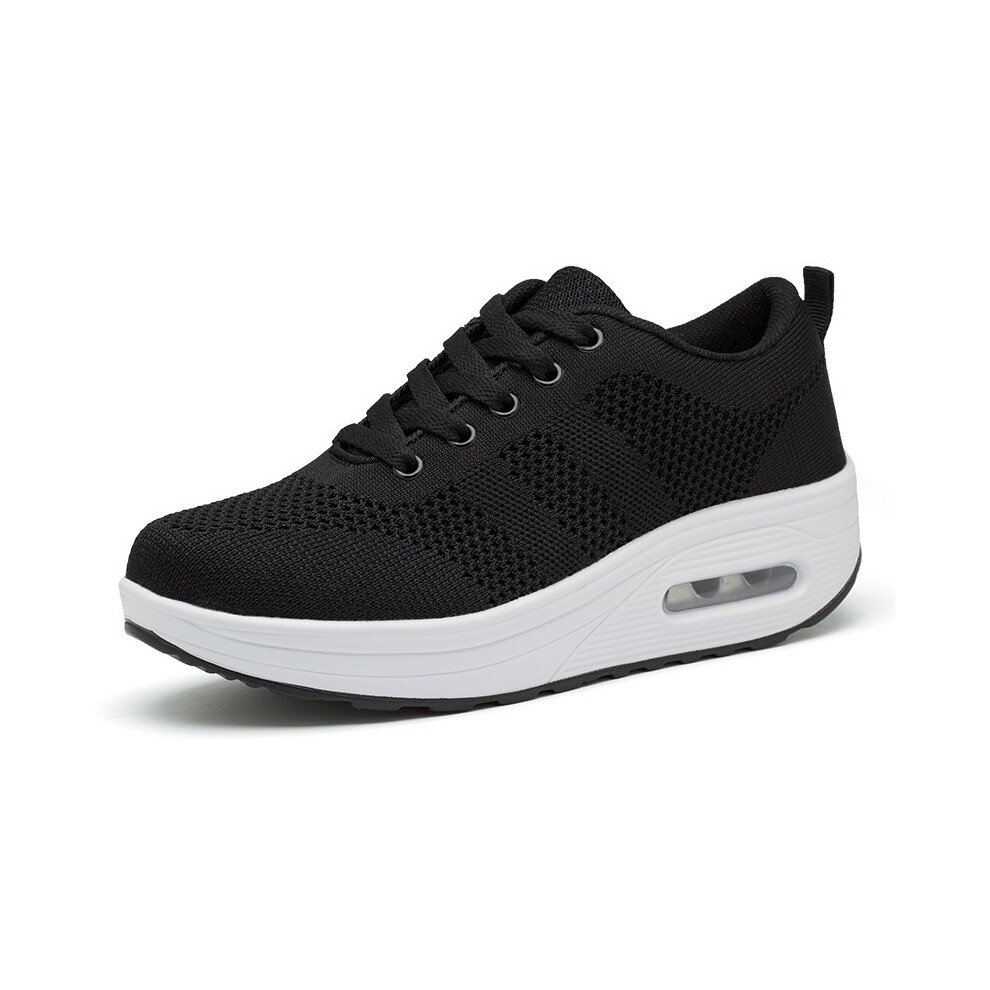 (Black, EU 36) Wedge Women Newly Sneakers Breathable Walking Shoes Lace Up Platform Shoes High